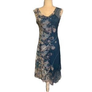 Komarov Authentic Blue Floral V Neck Lace MIDI Dress Xs